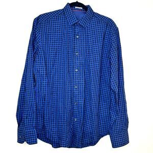Bugatchi Uomo Gingham Shaped Fit Long Sleeve Button-Up Shirt Blue Medium